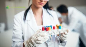 Pharmacist holding vacutainers