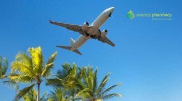 Plane flying over palm trees