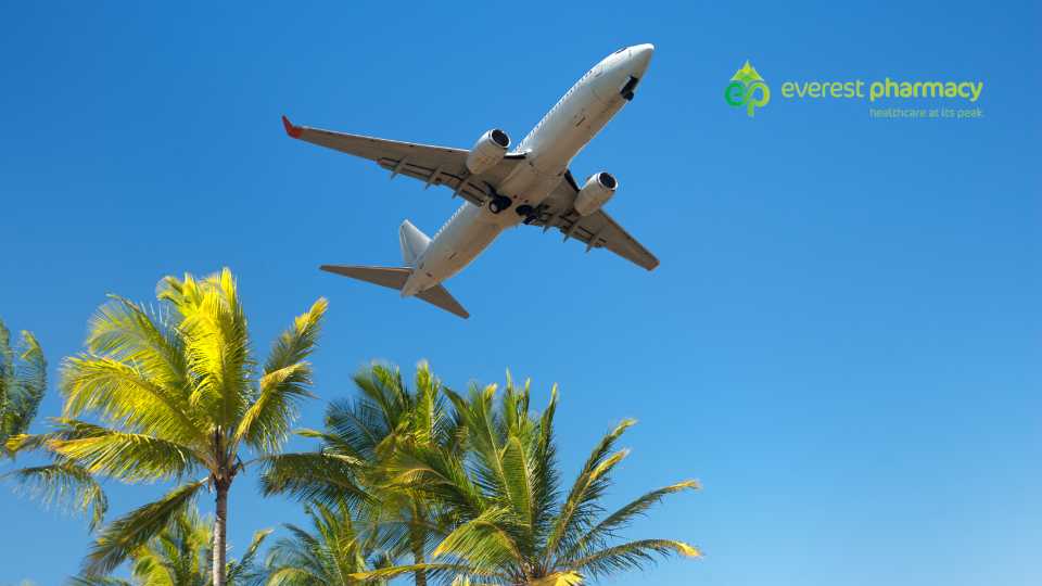 Plane flying over palm trees