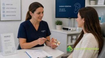 Woman exploring the microsuction process at an earwax removal appointment