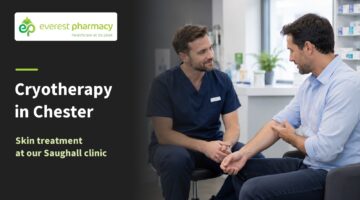 Man discussing a skin concern with a pharmacist beside Cryotherapy in Chester lettering and Everest Pharmacy branding.