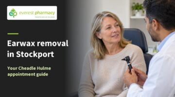 Woman talking to a clinician holding an otoscope beside the title Earwax removal in Stockport and Everest Pharmacy branding.