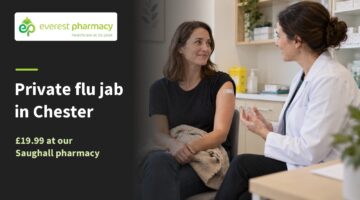 Woman speaking with a pharmacist after a flu vaccination, beside Private flu jab in Chester wording and Everest Pharmacy branding.