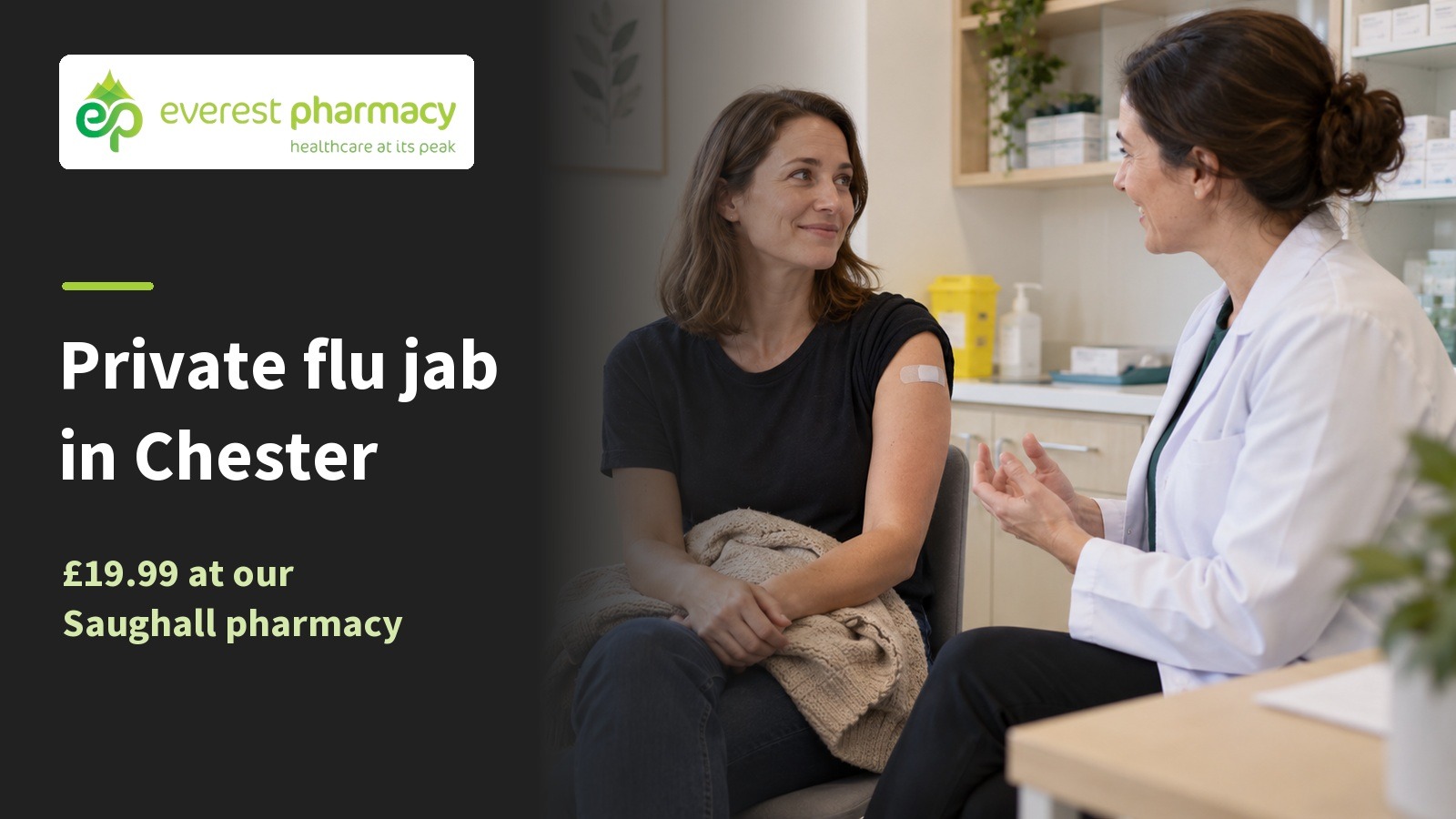 Woman speaking with a pharmacist after a flu vaccination, beside Private flu jab in Chester wording and Everest Pharmacy branding.
