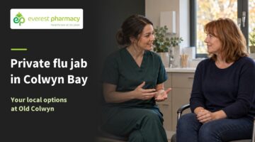 Woman discussing flu vaccination with a pharmacist beside Private flu jab in Colwyn Bay text and Everest Pharmacy logo.
