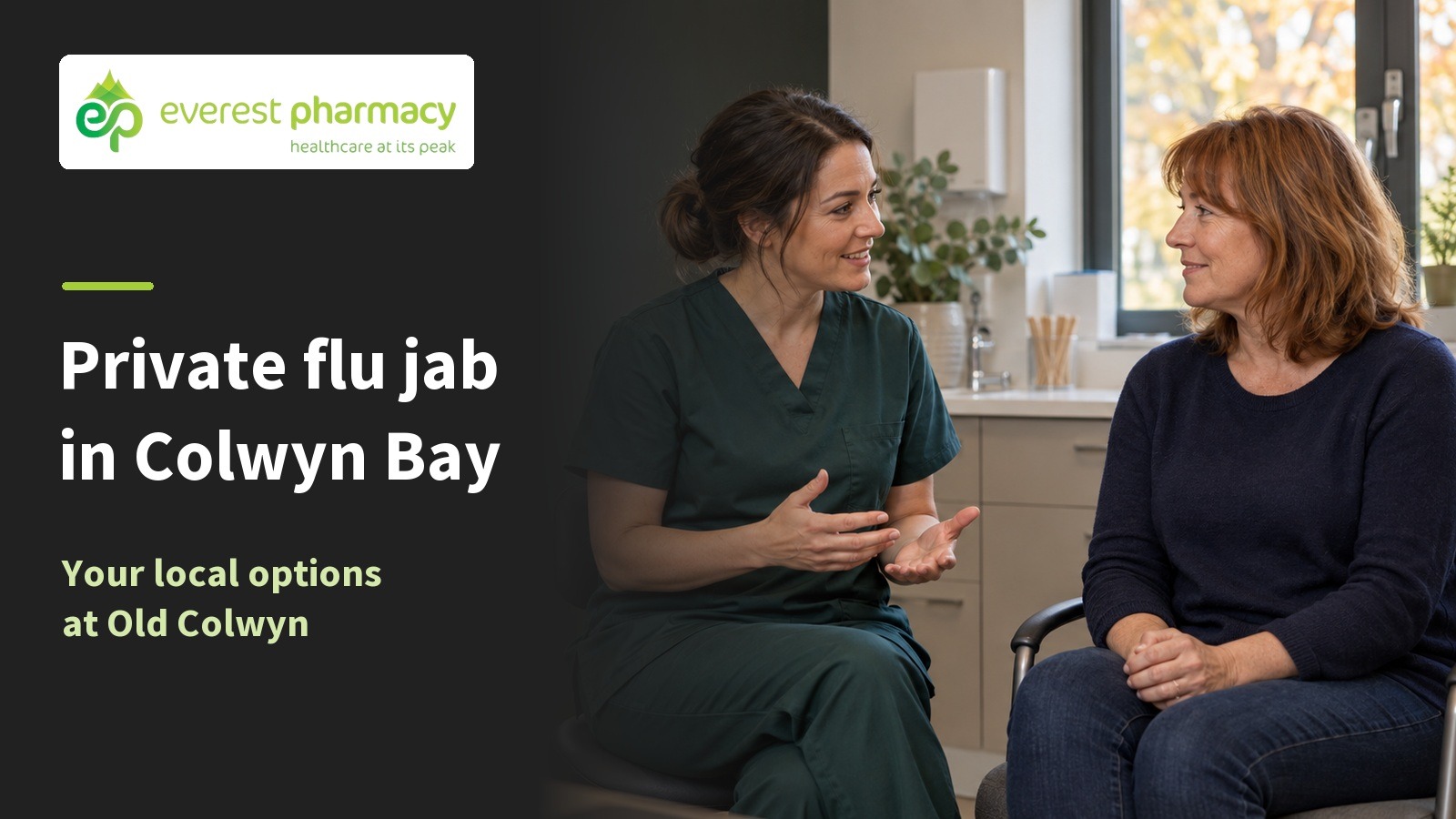 Woman discussing flu vaccination with a pharmacist beside Private flu jab in Colwyn Bay text and Everest Pharmacy logo.
