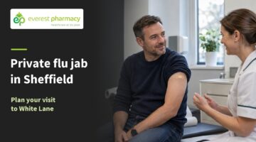 Man speaking with a pharmacist after vaccination beside Private flu jab in Sheffield text and Everest Pharmacy branding.