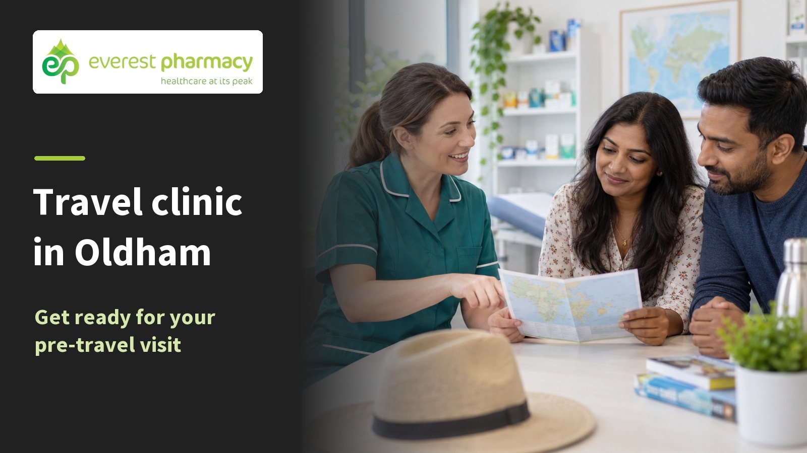 Pharmacist discussing a trip with a couple, beside Travel clinic in Oldham text and Everest Pharmacy branding.