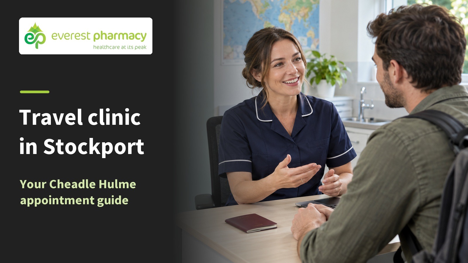 Traveller discussing a trip with a pharmacist beside the title Travel clinic in Stockport and Everest Pharmacy branding.