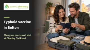 Two travellers reviewing a record beside a suitcase, with typhoid vaccine in Bolton text and the Everest Pharmacy logo.