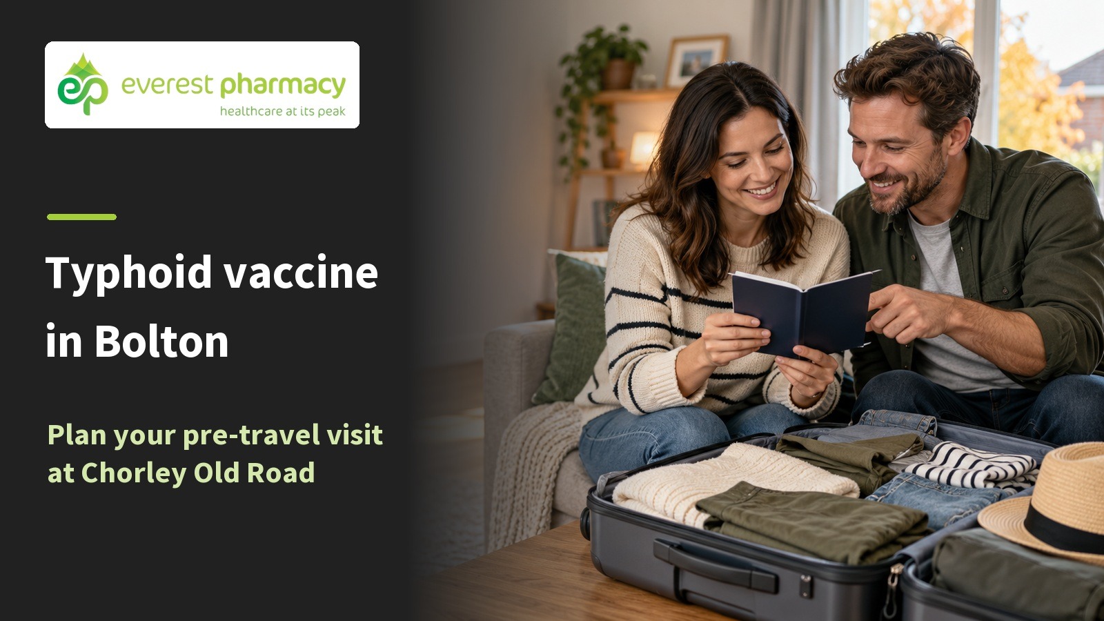 Two travellers reviewing a record beside a suitcase, with typhoid vaccine in Bolton text and the Everest Pharmacy logo.